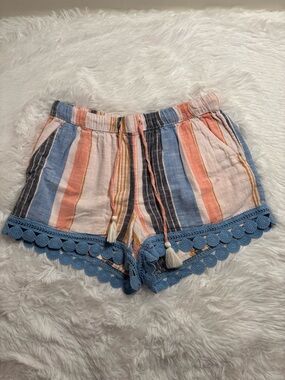 aerie Multicolor Striped Beach Shorts with Blue Crochet Trim